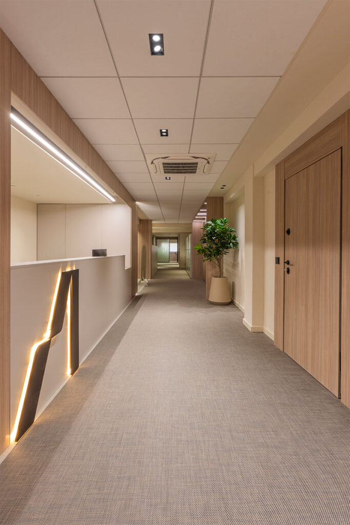 Pasillo de las oficinas de Arisnova con paredes de madera clara, moqueta gris y planta decorativa